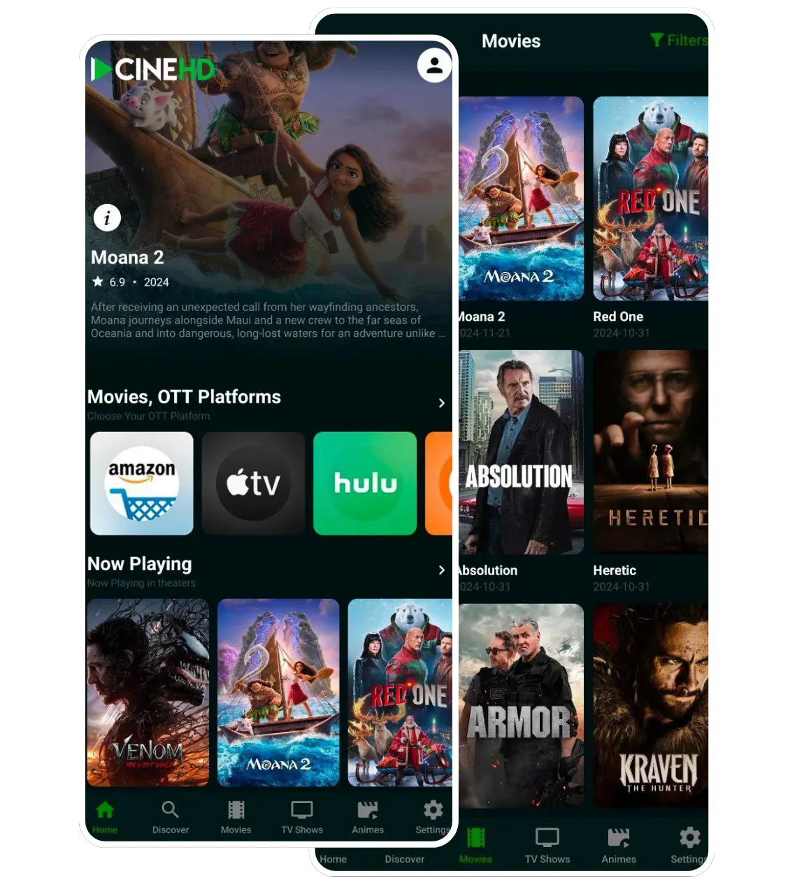 Cine HD interface screenshots supplied by cinehd.dev